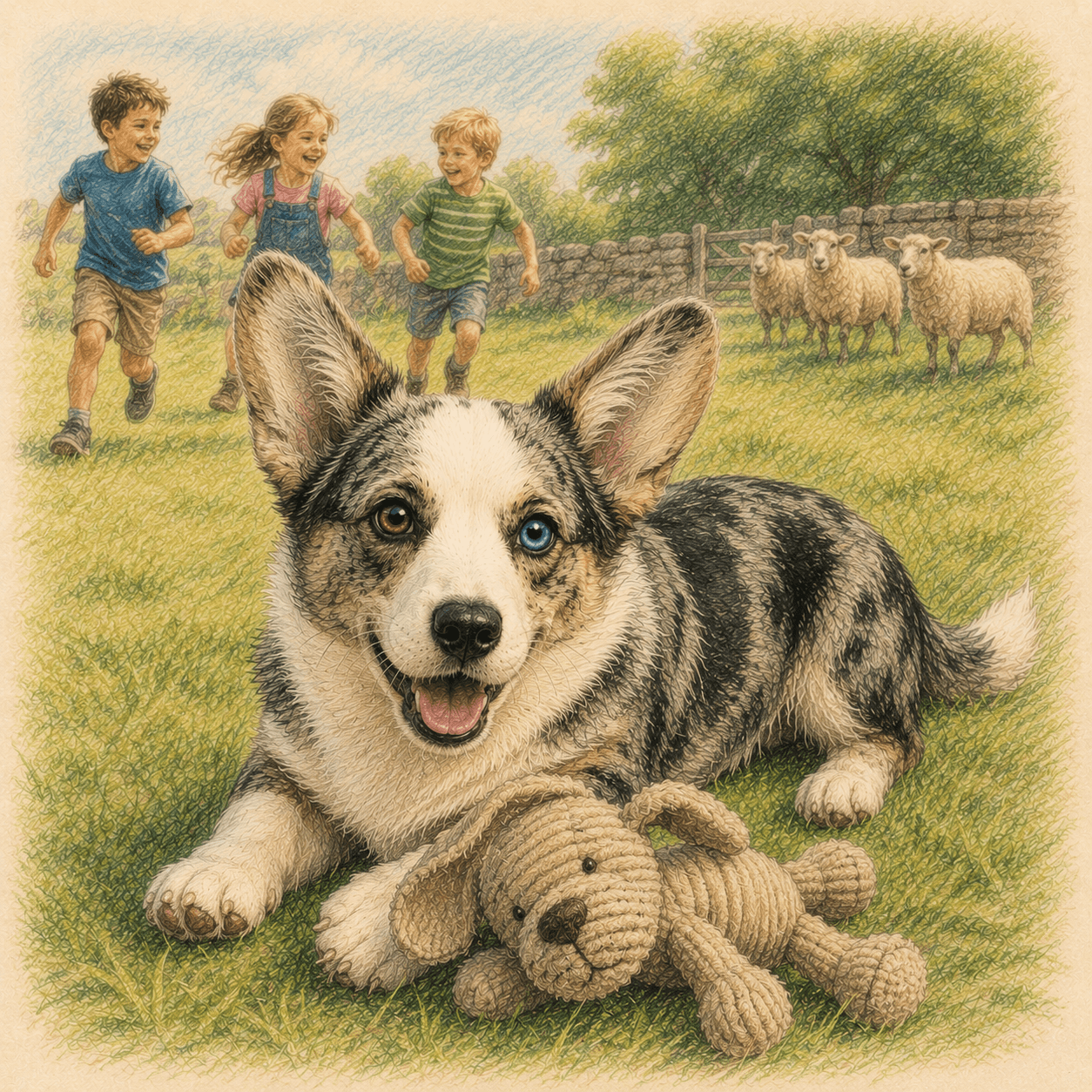 Illustration af Welsh Corgi Cardigan som familiehund med hyrdeinstinkter