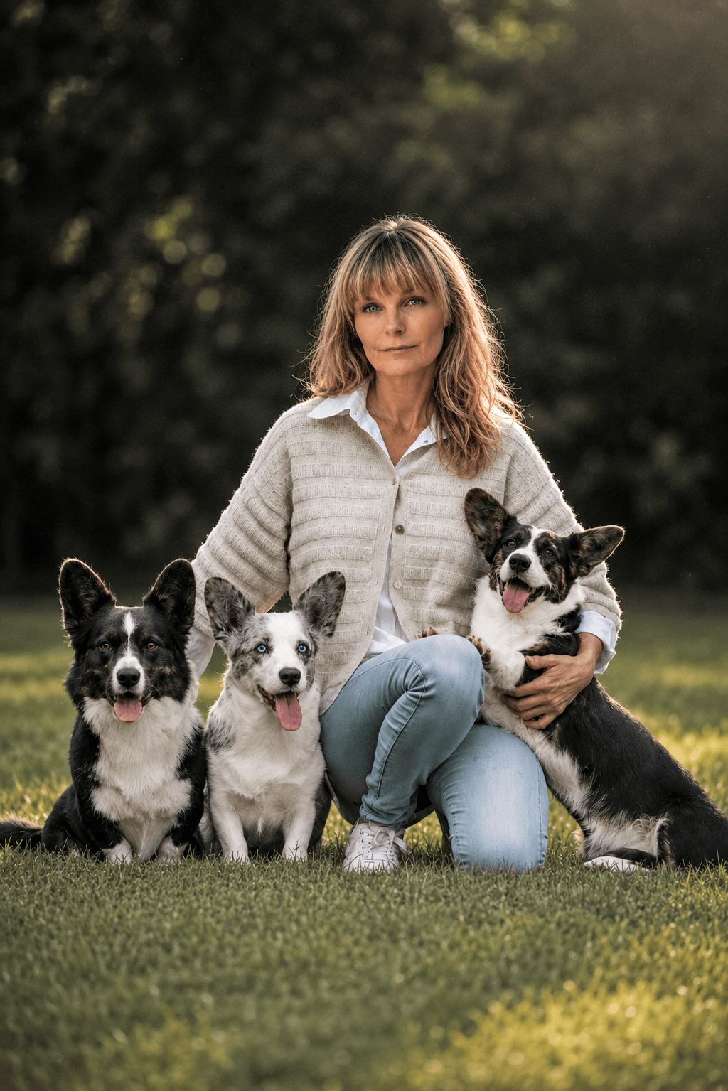 Henriette Vistrup med tre Welsh Corgi Cardigan hunde hos Kennel Vistruphus